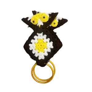 1970s Crochet Owl Towel Holder Ring Wall Hanging